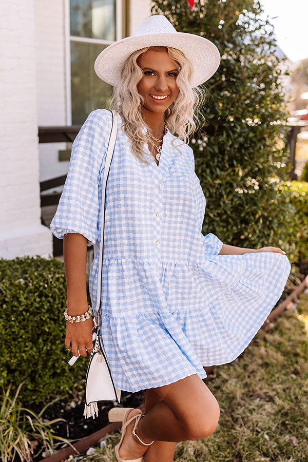 Farmer's Market Meetup Gingham Shift Dress in Sky Blue