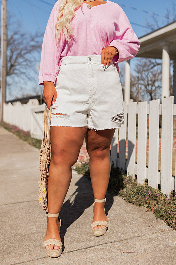 The Posha High Waist Distressed Shorts In Ivory Curves Image - 1