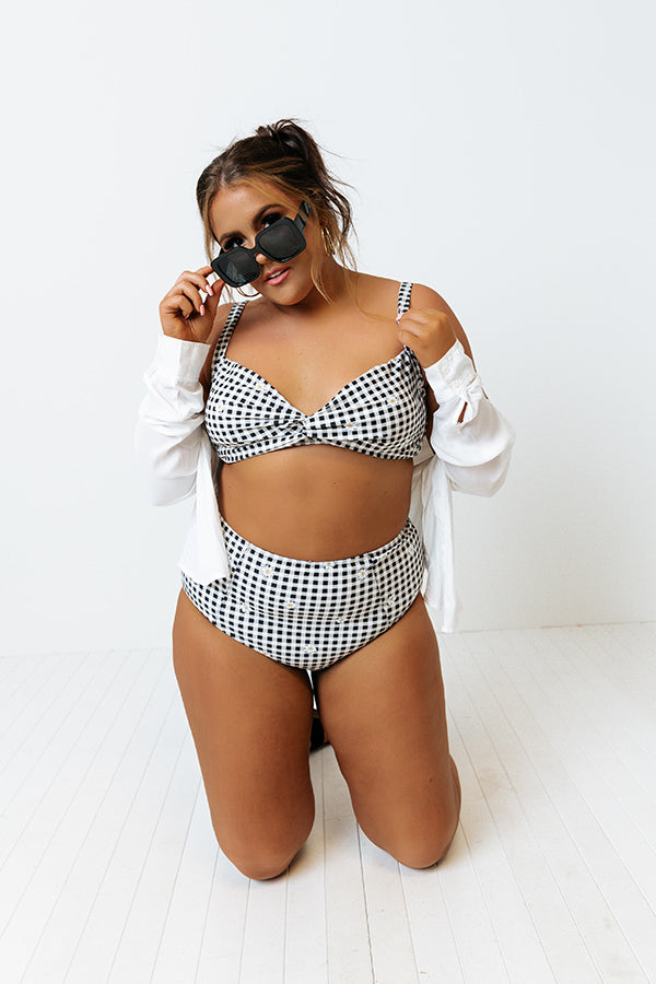 Tanning In Tulum High Waist Gingham Bikini Bottom in Black Curves Image - 1