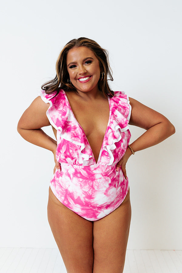 Head Turner Ruffle One Piece Swimsuit in Hot Pink Tie Dye Curves Image - 2