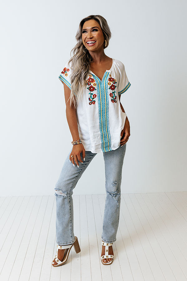 Pulled To Paradise Embroidered Top in Blue