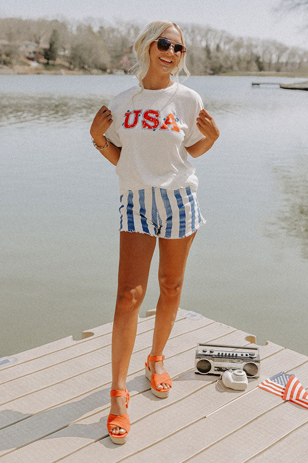 The Josette High Waist Stripe Shorts In Blue Image - 2