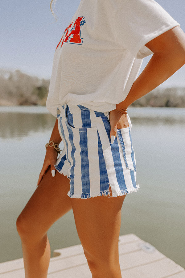 The Josette High Waist Stripe Shorts In Blue Image - 4