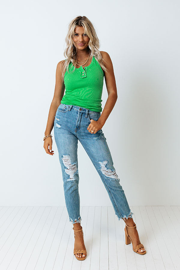 Check Her Stories Ribbed Tank In Lime Image - 1
