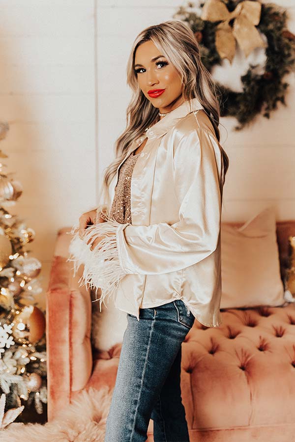Fashionable Scene Satin Feather Top In Champagne Image - 3