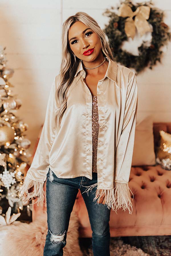 Fashionable Scene Satin Feather Top In Champagne Image - 2