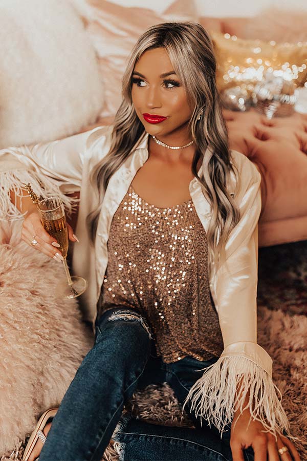 Fashionable Scene Satin Feather Top In Champagne Image - 1
