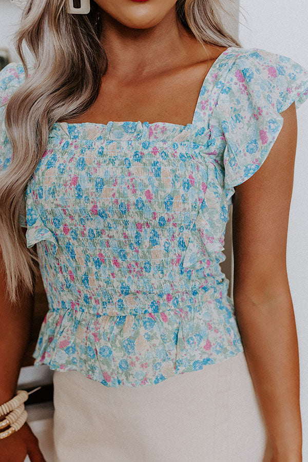 Turn Away Smocked Floral Top In Sky Blue Image - 2