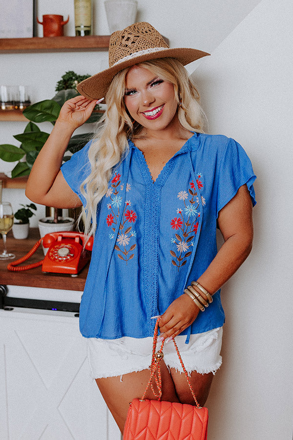 Floral Flirtation Embroidered Top In Blue Curves Image - 2