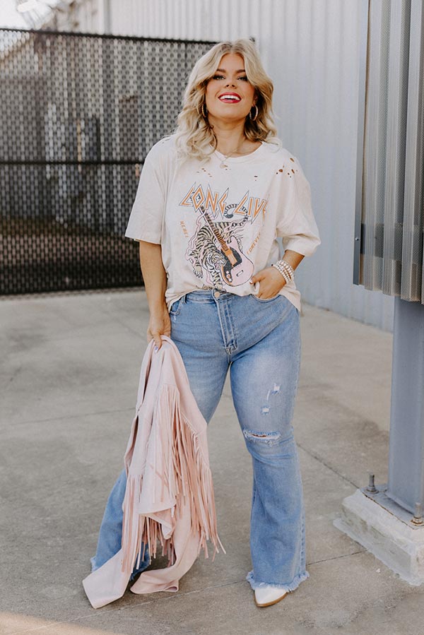 Long Live Rock N Roll Tiger Distressed Boyfriend Tee In Light Beige Curves
