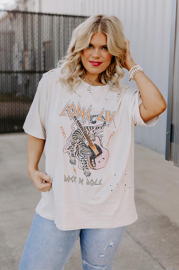 Long Live Rock N Roll Tiger Distressed Boyfriend Tee In Light Beige Curves Image - 2