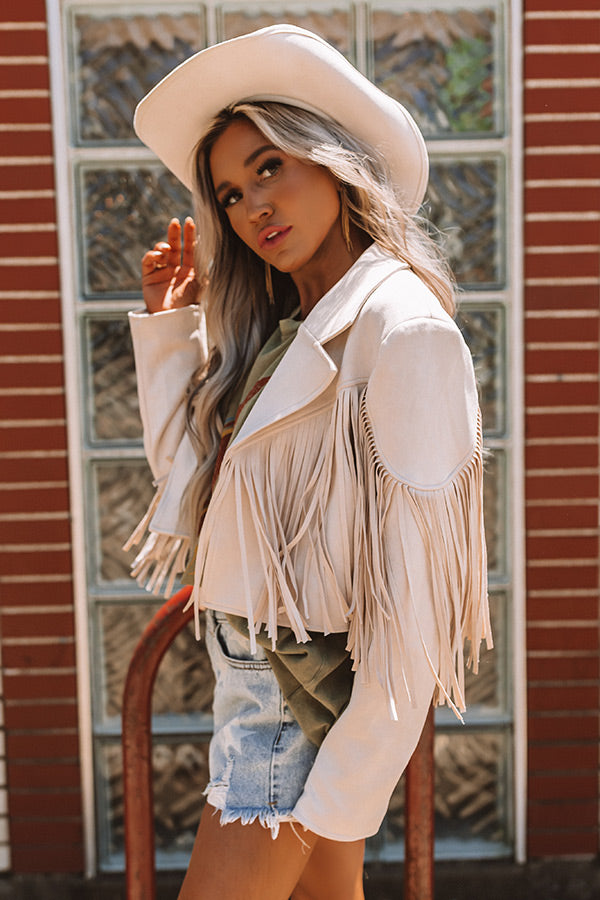 Feeling Grand Faux Suede Fringe Jacket In Stone Image - 3