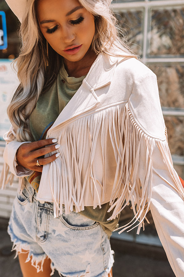 Feeling Grand Faux Suede Fringe Jacket In Stone Image - 4