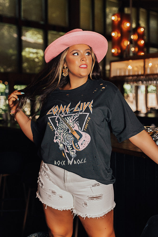 Long Live Rock N Roll Tiger Distressed Boyfriend Tee In Vintage Black Curves Image - 2