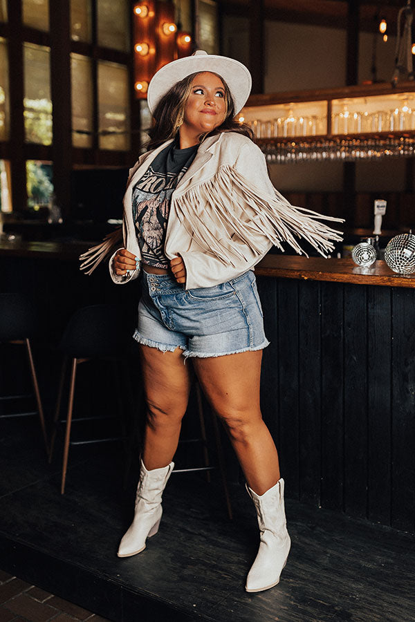 Feeling Grand Faux Suede Fringe Jacket In Stone Curves