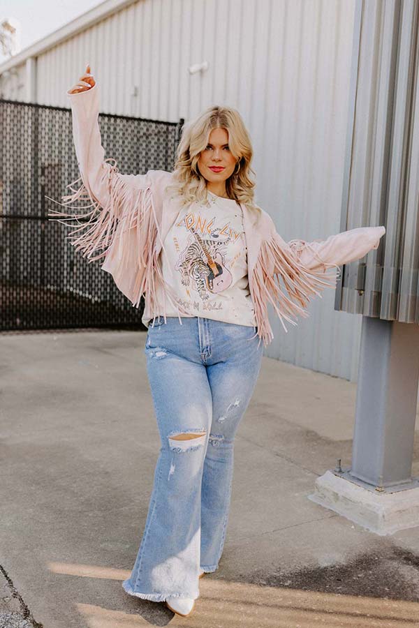 Feeling Grand Faux Suede Fringe Jacket In Pink Curves