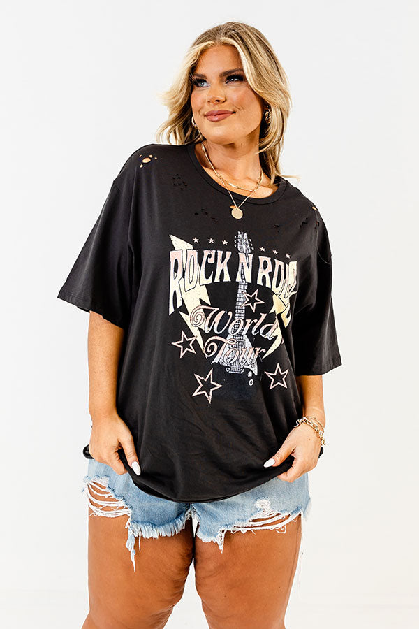 Rock N Roll World Tour Distressed Boyfriend Tee In Black Curves Image - 2