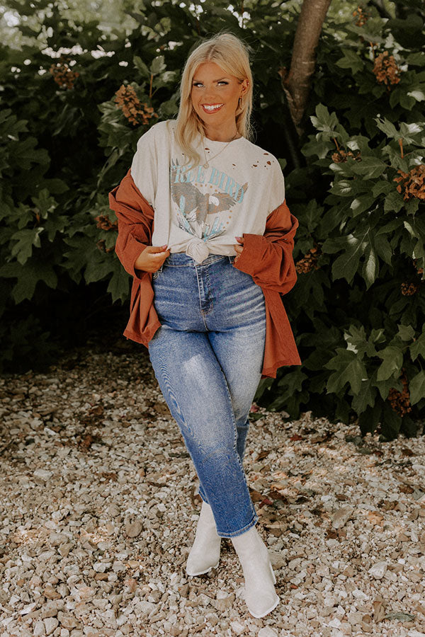 Free Bird Vintage Graphic Distressed Boyfriend Tee In Stone Curves Image - 2