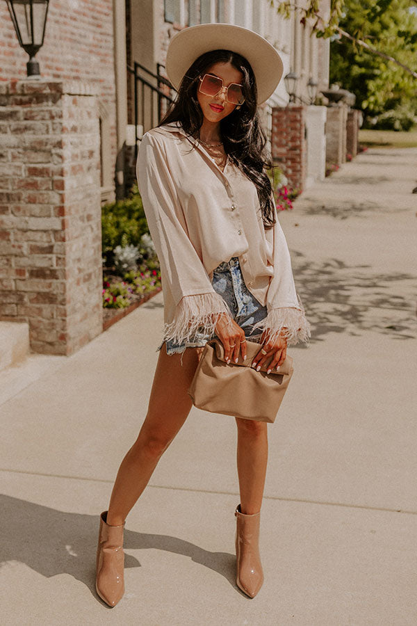 Tuscan Vibes Button Up Feather Top In Beige