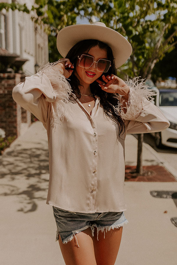 Tuscan Vibes Button Up Feather Top In Beige Image - 4