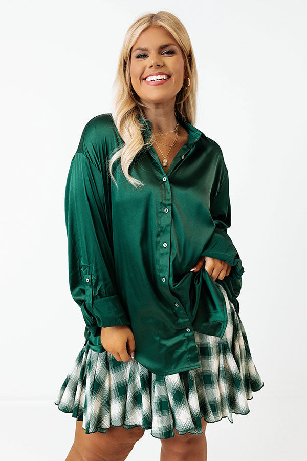 East Of Everything Satin Button Up In Hunter Green Curves Image - 2