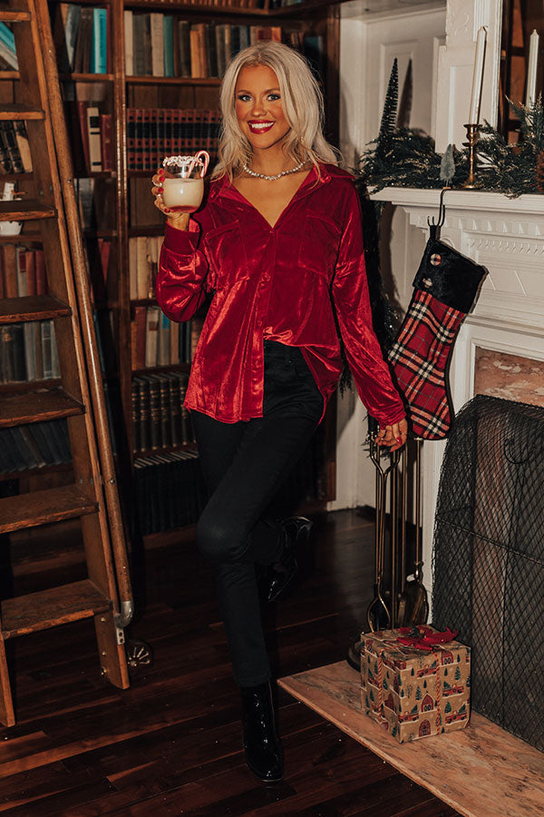 Seasonal Sweetness Velvet Button Up In Red
