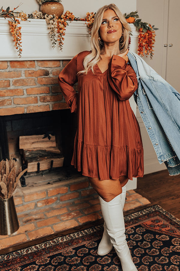 Autumn Brunch Babydoll Dress In Rust Curves