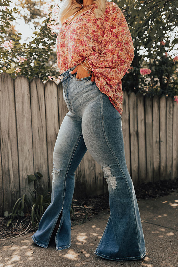 The Margot High Waist Distressed Flare in Medium Wash Curves Image - 3