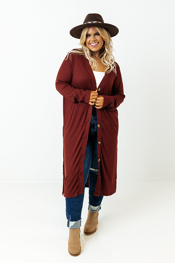 Making Memories Cardigan In Dark Rust Curves