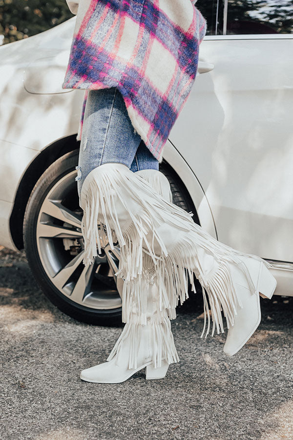 The Doss Knee High Fringe Boot In White Image - 3