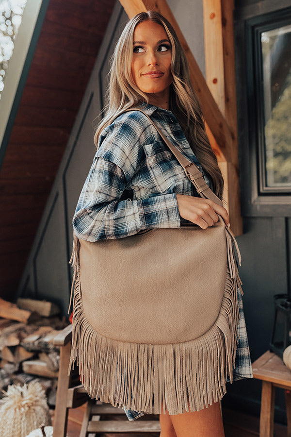 No Hesitation Faux Leather Fringe Tote In Warm Taupe