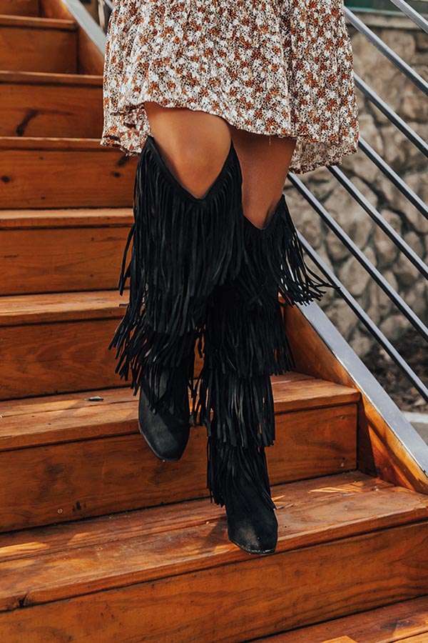 The Doss Knee High Fringe Boot In Black Image - 5