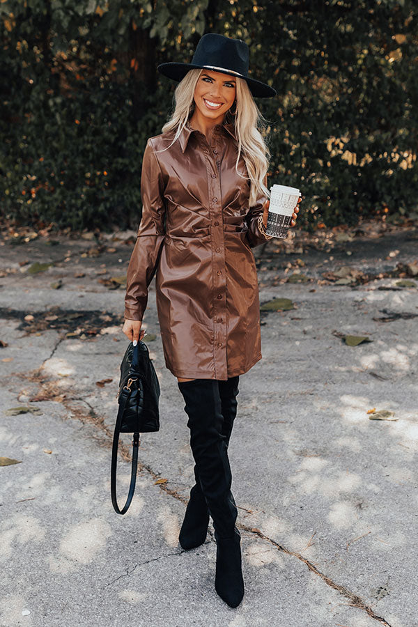 Own The World Faux Leather Dress In Chocolate