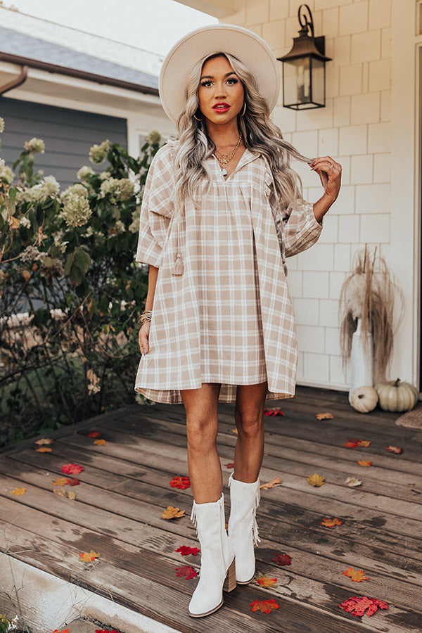 Count Me In Plaid Dress in Warm Taupe