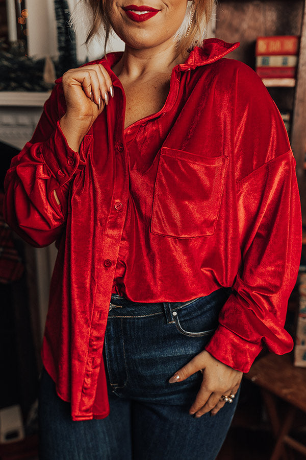 Seasonal Sweetness Velvet Button Up In Red Curves Image - 4
