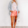 Risen Allison High Waist Distressed Shorts in Neon Coral Image - 1