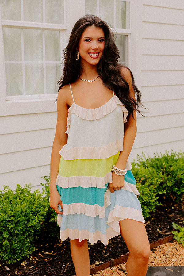 Smiling Ear To Ear Tiered Mini Dress In Aqua Image - 3