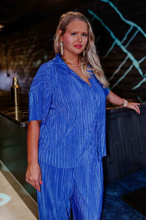 Graceful Appearance Pleated Button Up In Blue Curves