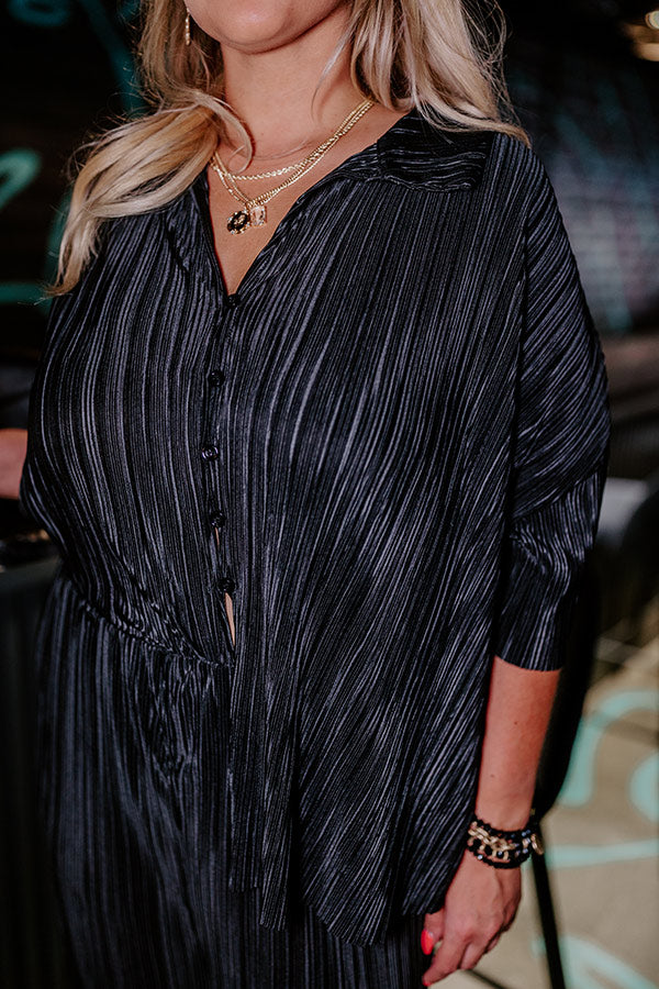 Graceful Appearance Pleated Button Up In Black Curves Image - 3