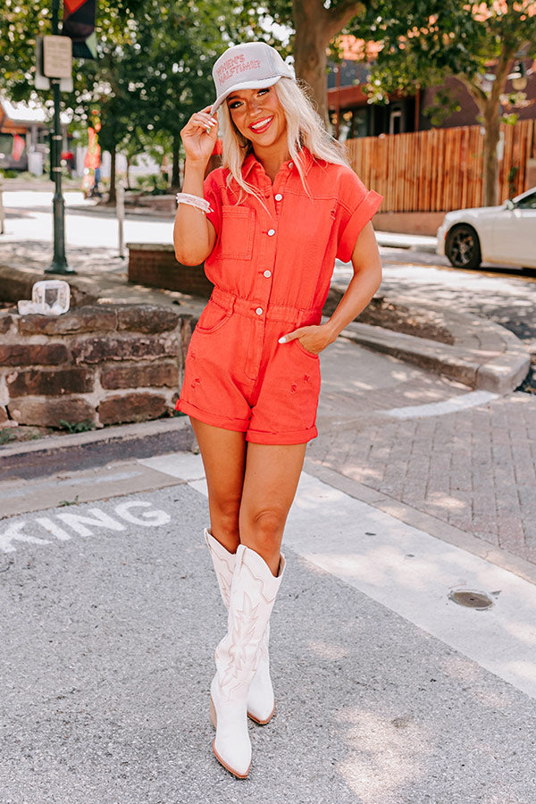 Sweet Duet Distressed Denim Romper In Red Image - 1