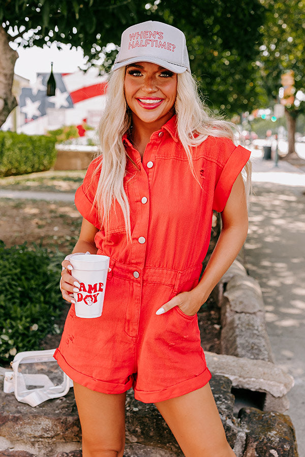 Sweet Duet Distressed Denim Romper In Red Image - 2