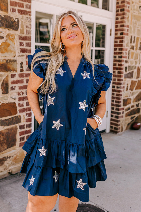 Under The Stadium Lights Ruffle Mini Dress in Navy Curves Image - 1