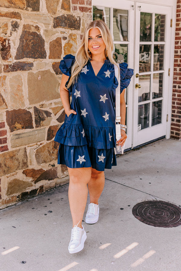 Under The Stadium Lights Ruffle Mini Dress in Navy Curves Image - 3
