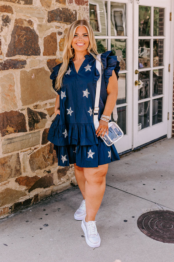 Under The Stadium Lights Ruffle Mini Dress in Navy Curves Image - 4