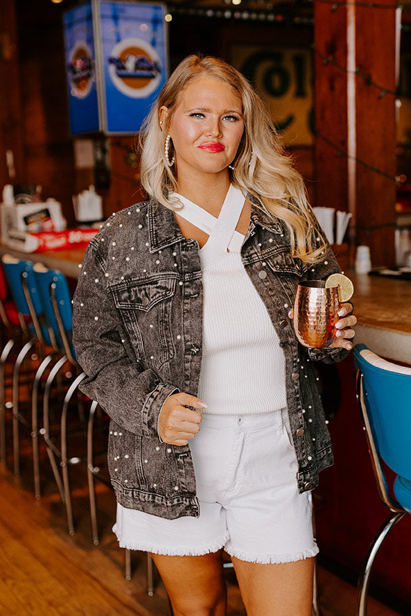 The Juni Embellished Denim Jacket In Black Curves Image - 5
