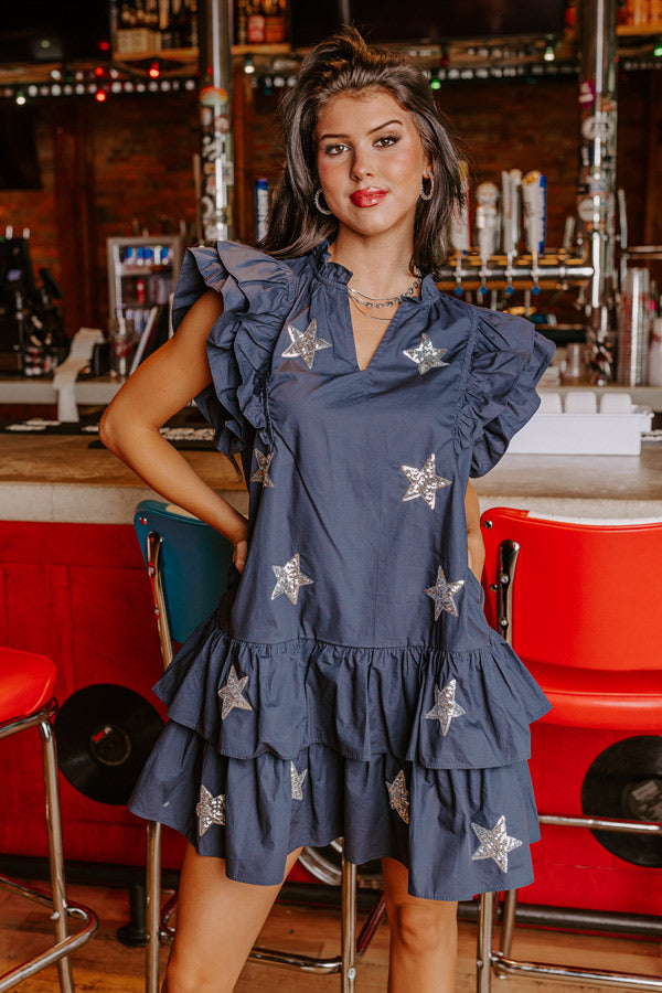 Under The Stadium Lights Ruffle Mini Dress in Navy Image - 2