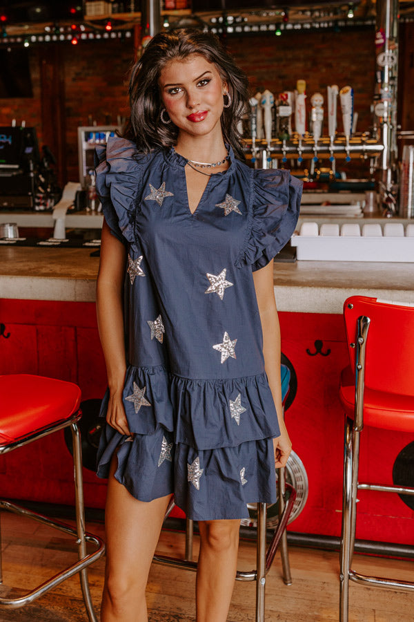Under The Stadium Lights Ruffle Mini Dress in Navy Image - 5