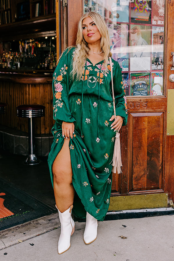Whispering Sweet Nothings Embroidered Maxi In Hunter Green Curves Image - 1