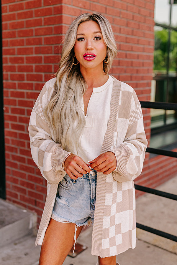 Fact or Fiction Checkered Cardigan in Warm Taupe Image - 2