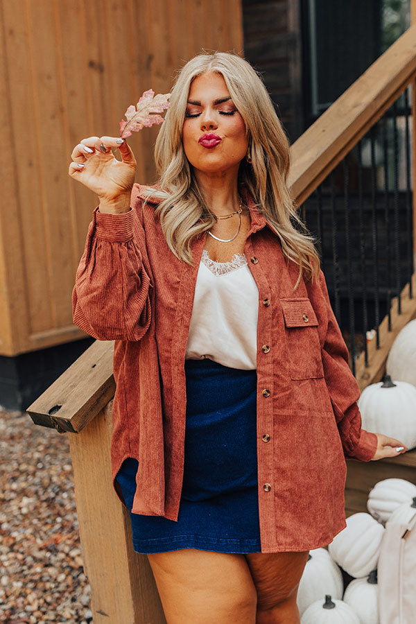 On My Mind Corduroy Button Up In Rust Curves Image - 5